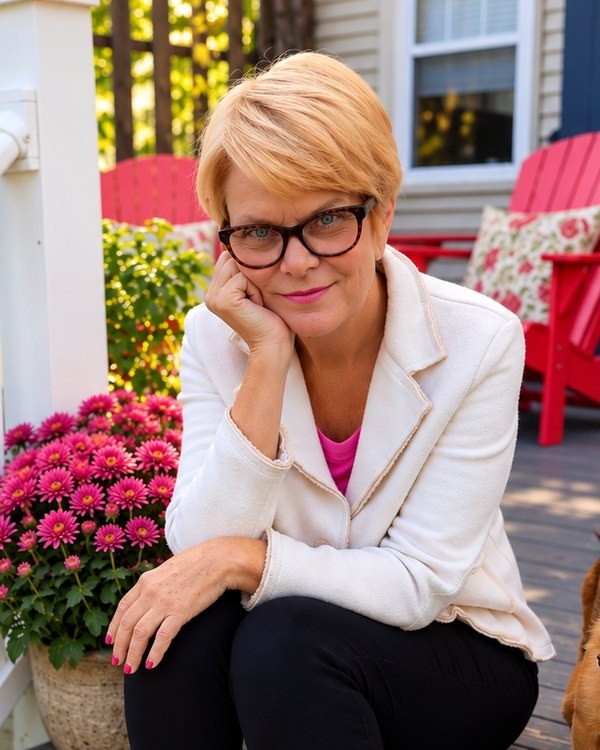 Reverend Jane Willan sitting on a porch step beside pink mums, chin resting on her hand